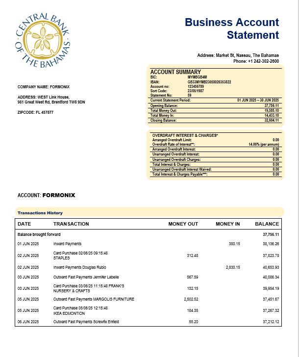 Modèle Word et PDF de relevé de compte d'entreprise de la Banque centrale des Bahamas